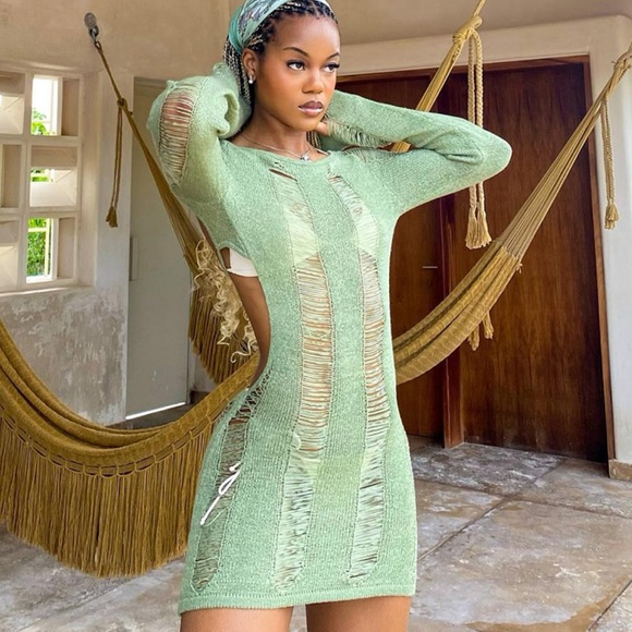 Boho Sexy Knit Mini Dress In Natural Fibers With Shred Detailing |Lena Vie - Picture 4 of 13